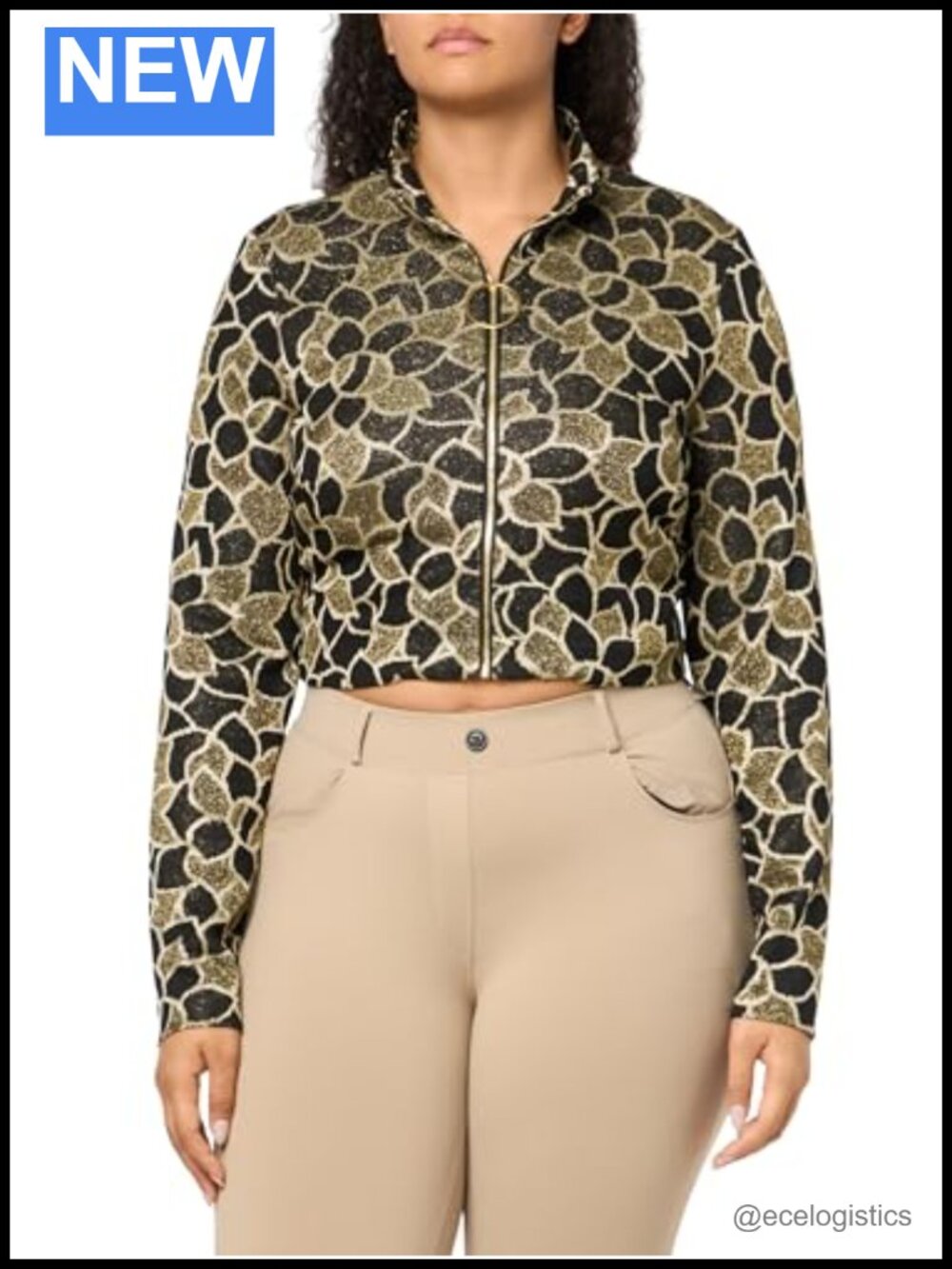 Frosty Meadows Women's Knit Jacquard Full Zip Cropped Blouse